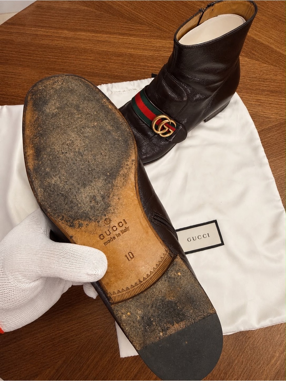 Gucci Brown Leather Men’s Ankle Chukka Boots with Green-Red Web & Gold Double G. - Picture 9 of 9